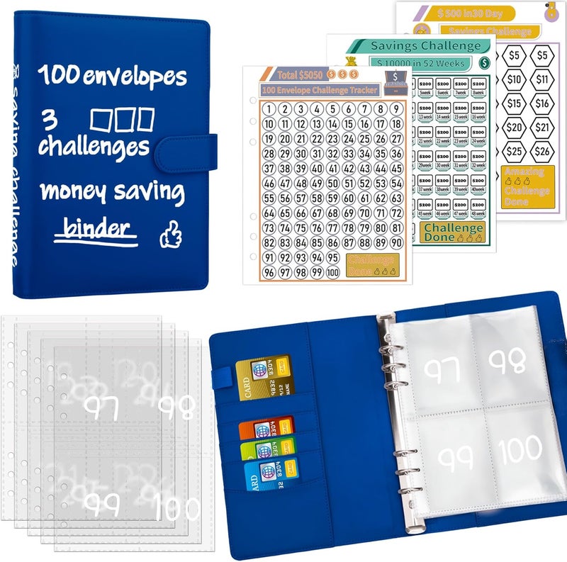 Antner 100 Envelopes Money Saving Challenge Money Saving Binder, Savings Challenges Book with Envelopes & Challenge Tracker to Save $5,050 and $10,000 and $500, A5 Budget Planner Cash Book, Navy Blue - Image 1